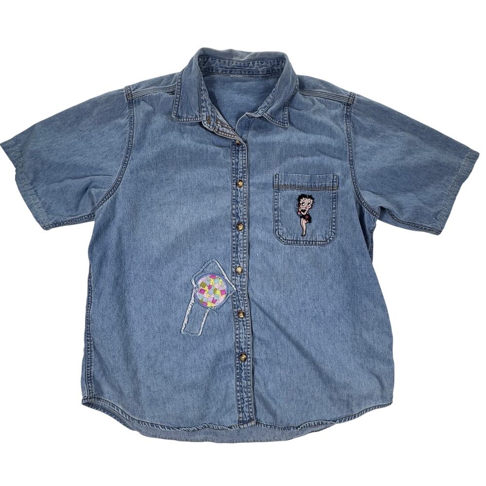 Vintage Denim Button Up‎ Shirt Betty Boop Patch Short Sleeve Unbranded